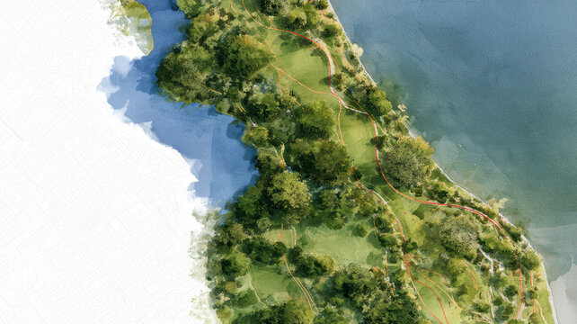 Landscape architecture master plan rendering showcasing sustainable urban park design with winding pathways alongside a waterfront development concept
