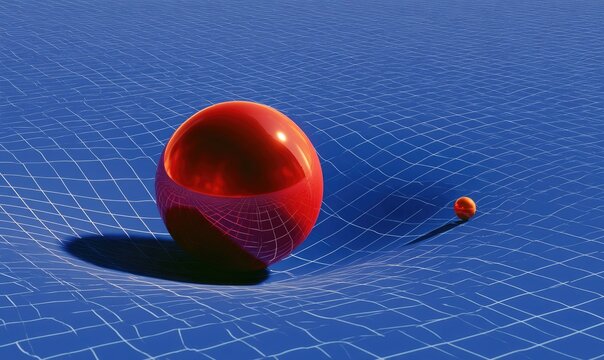 Reflective spheres distorting a blue grid, suggesting warped spacetime