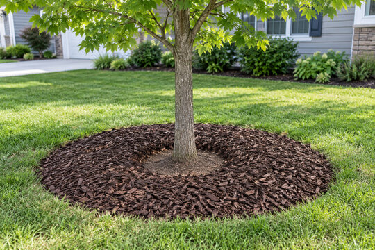 Wood chip mulch ring around a young tree in a lawn
