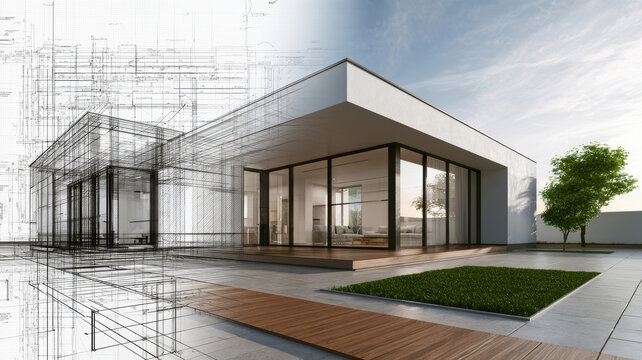 Modern architectural project morphing blueprint lines into a realistic 3D rendering of a contemporary single story house, illustrating design, planning, and real estate development