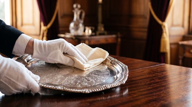 Butler polishing ornate silver tray with white gloves in a luxurious room