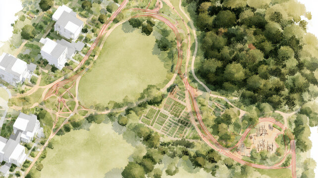 Urban planning design rendering featuring a sustainable neighborhood master plan. Integrating modern residential buildings with expansive green spaces. A community garden