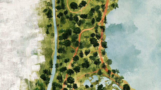 Architectural watercolor site plan showing dense urban blocks transitioning to a lush park with river, paths and lake, highlighting ecological planning and sustainable living