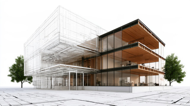 Modern office building design evolving from wireframe blueprint to contemporary structure, symbolizing architectural development, innovation, and construction planning
