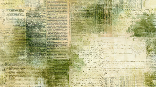 Textured background combining faded newspaper columns, elegant cursive handwriting, and subtle watercolor washes, forming a distressed and artistic collage