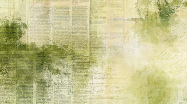 Vintage newspaper background with textured green watercolor washes and subtle script overlays, creating an artistic mixed media collage aesthetic for design projects
