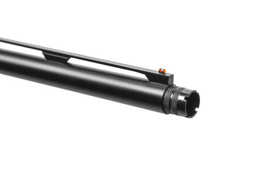Close up of shotgun muzzle with choke tube and fiber optic sight isolated on white back