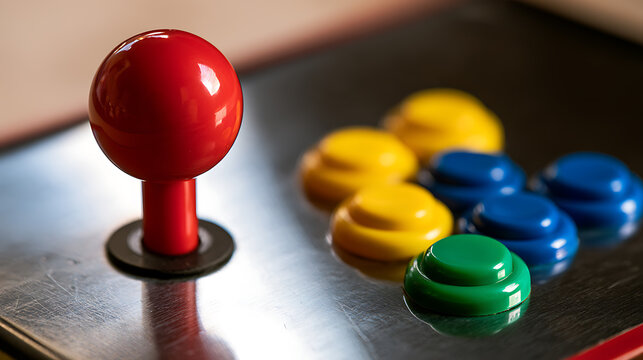 Retro arcade game controller with red joystick and colorful yellow, blue, and green push buttons on a metallic panel close up shot