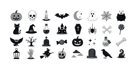 Fototapeta premium Set of monochrome Halloween icons featuring spooky creatures and festive holiday decorations