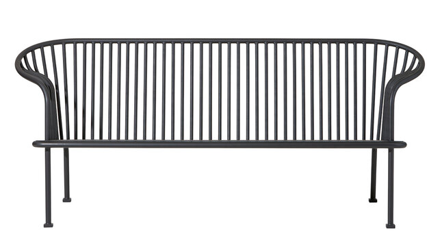 Isolated dark metal outdoor bench with slatted backrest and seat, elegant garden furniture