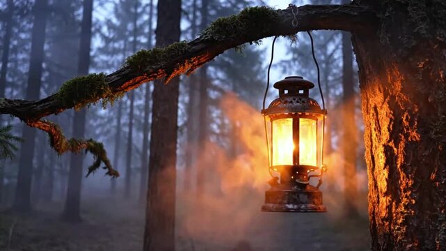 Glowing antique lantern hanging from a mossy tree branch in a foggy magical
