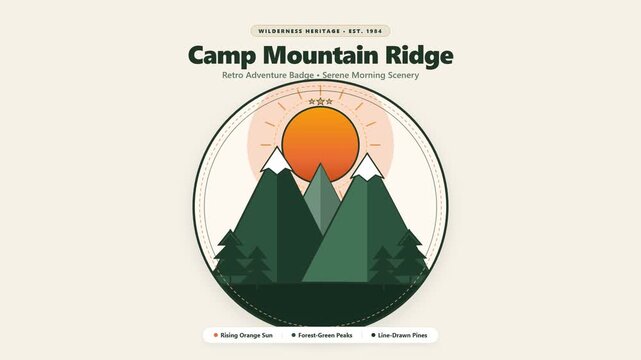 Retro Mountain Adventure Badge with Sunrise and Pine Forest Graphic