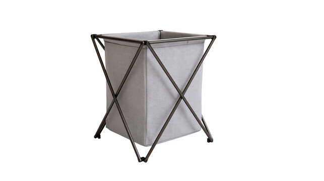 Isolated modern grey fabric laundry hamper with dark metal collapsible X-frame stand