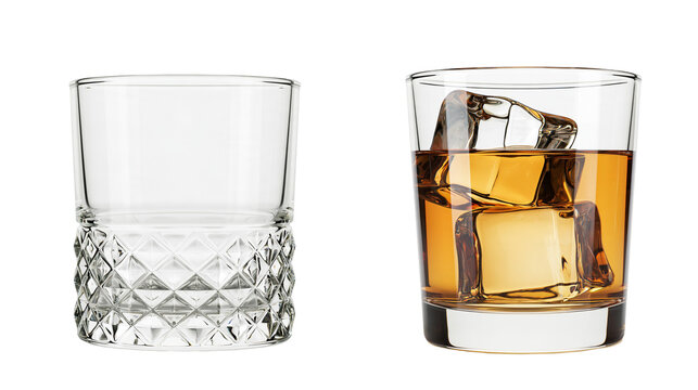 Isolated elegant empty textured glass and classic whiskey glass with golden liquor and ice cubes