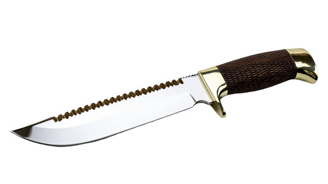 Isolated fixed-blade hunting knife with a sharp serrated edge and dark textured handle