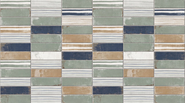 A high-resolution background pattern of ceramic rectangular wall tiles featuring a blend of stripes and solid earth-toned colors in blue, green, and beige.