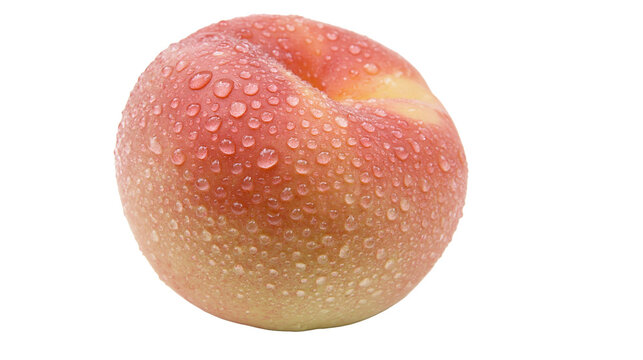 Isolated fresh donut peach with glistening water droplets, ripe and juicy, healthy summer fruit
