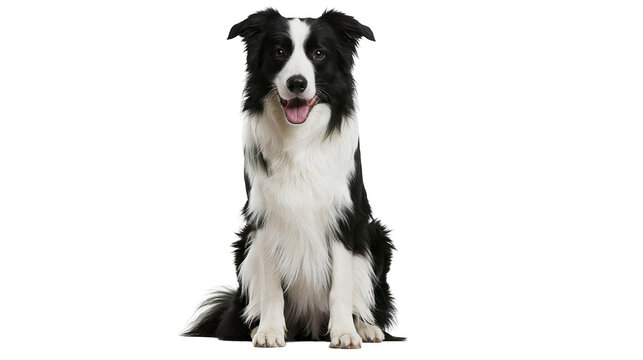 Isolated happy Border Collie dog sitting, looking at camera with an open mouth and tongue out