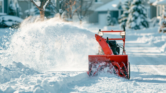A red motor snowblower throws a powerful stream of white snow while clearing a driveway in a suburban residential neighborhood on a bright and sunny freezing winter day.