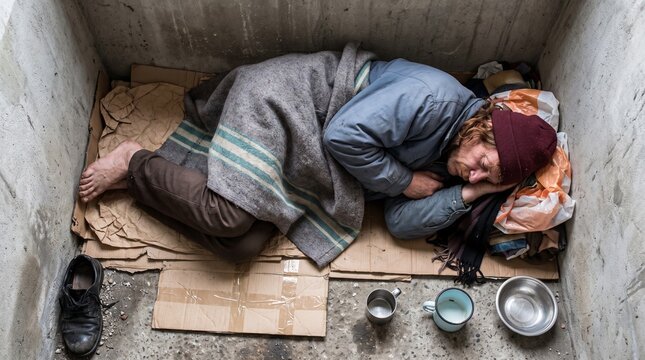Social services: Homeless man sleeping on cardboard in a stark concrete shelter
