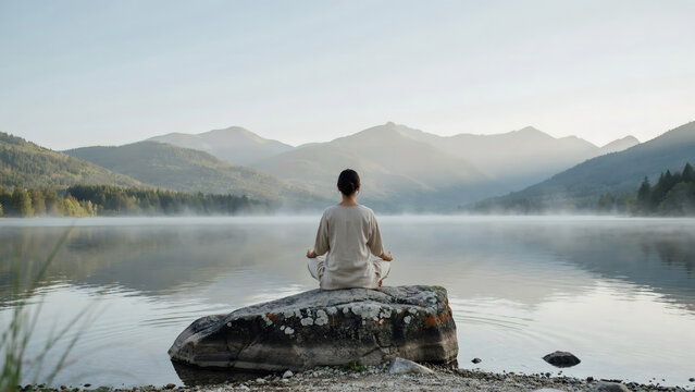 Person sitting in a meditation pose on a large rock in the middle of a calm misty lake with mountains in the background, during early morning