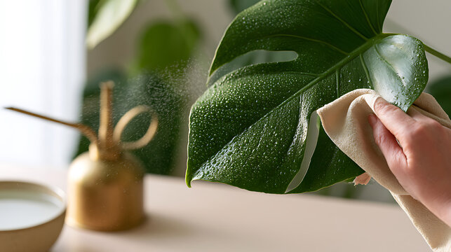 Person clean split leaf philodendron Monstera deliciosa tropical plant green foliage water spray bottle damp cloth domestic home care interior