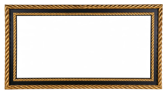 Isolated elegant gold and black twisted rope rectangular empty picture frame for art or photos