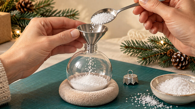 Mano introduciendo nieve artificial en esfera decorativa navide&ntilde;a