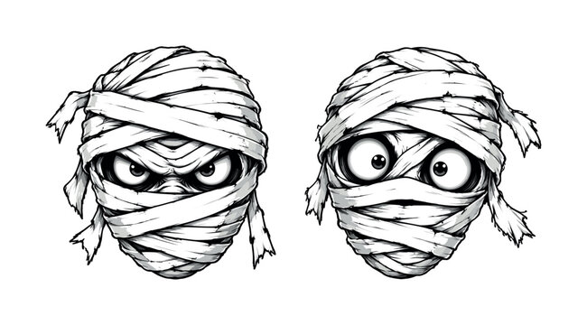 Two cartoon mummy head illustrations with contrasting angry and surprised facial expressions