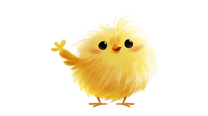 Isolated cute fluffy yellow baby chick waving with happy expression, adorable cartoon illustration. © Oisin