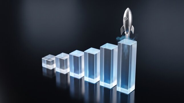 Business growth rocket launch from glass bar chart showing financial success startup acceleration and economic progress on dark background