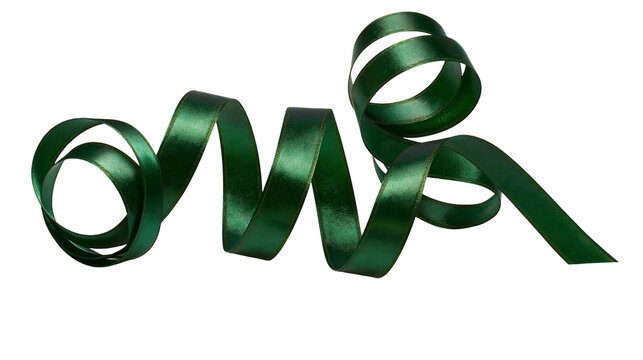 Isolated deep green shiny satin ribbon curled and twisted, elegant festive decoration