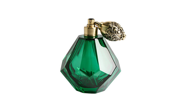 Isolated vintage emerald green perfume bottle with ornate brass atomizer, elegant fragrance