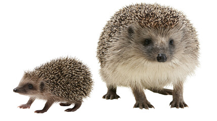 Isolated adorable family of hedgehogs, adult and young, captured in a studio setting © Oisin