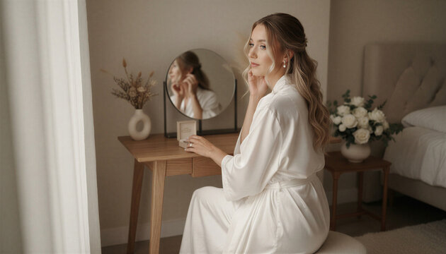 Bride getting ready in the morning while sitting at a simple vanity
