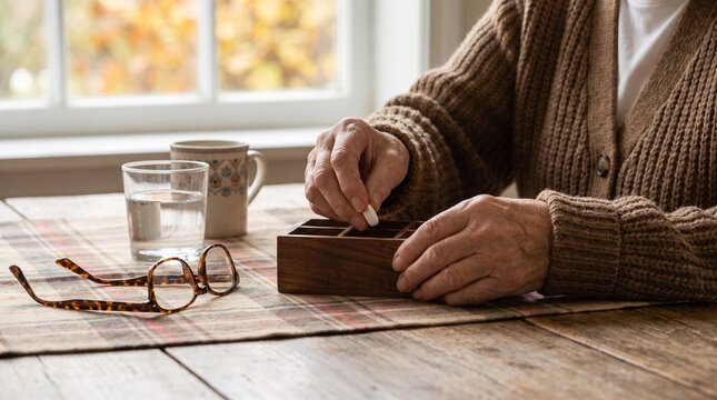 Elderly person placing an object in a wooden box on a table  
