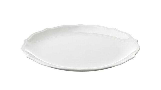 Isolated clean empty white ceramic oval serving platter with a decorative wavy rim design