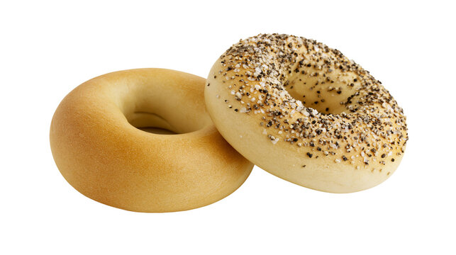 Isolated delicious fresh bagels, one plain and one everything seasoning, ready for breakfast.