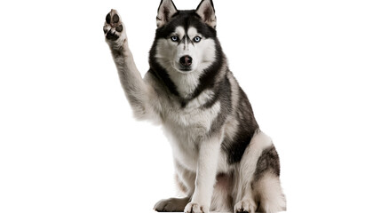 Isolated husky dog raising paw looking directly at camera, friendly portrait, playful pet animal © Oisin