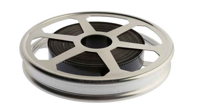 Isolated vintage metallic film reel containing dark rolled motion picture celluloid strip