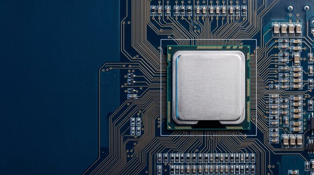 Computer processor CPU on motherboard with microchip technology and golden circuit traces in dark blue background with copy space for high-tech data processing concept