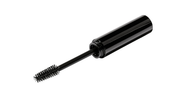Isolated black open mascara tube with applicator brush, glamorous eye makeup cosmetic