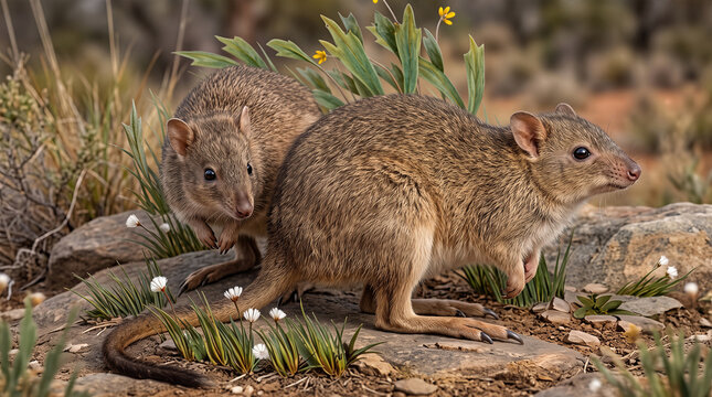 Woylie (Bettongia penicillata) Brush-tailed Bettongs Foraging in Natural Australian Habitat