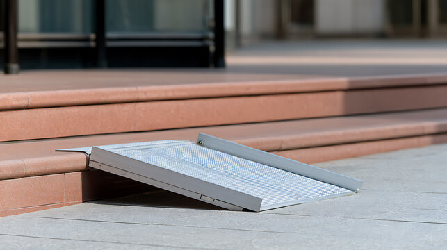 Metal wheelchair access ramp placed over steps outside a modern public building entrance, demonstrating inclusive design and public facility saf