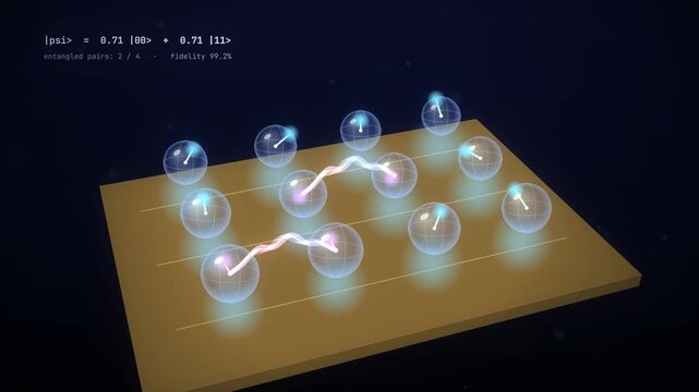 Quantum computing simulation showing qubit entanglement progression across three stages on a golden surface with glowing particles
