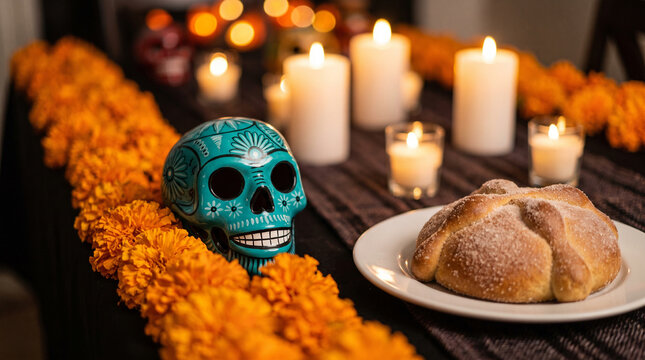 Day of the dead altar with skull decoration bread marigold flowers and candles on a table with pan de muerto bread Dia de los Muertos marigold flower garlands All Saints Day