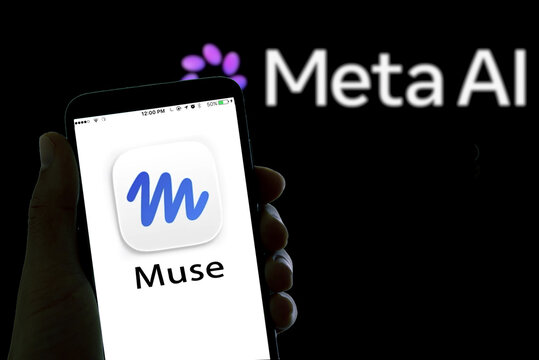 Barcelona, Spain - 3 october 2026: the Meta Muse AI agent app logo is seen displayed on a smartphone screen with Meta AI logo in the background