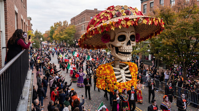 Large skeleton float adorned with flowers parades down city street during day of the dead celebration with Dia de los Muertos decorated colorful flowers street lined spectators