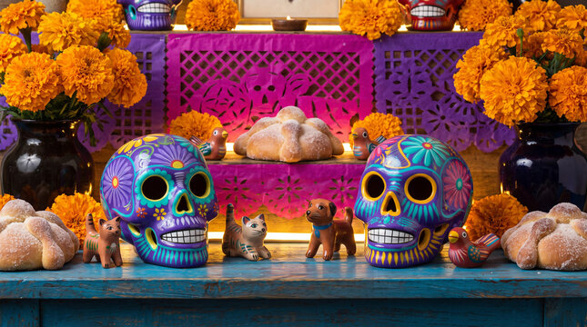 Colorful decorated skulls with bread and flowers on day of the dead altar display with Dia de los Muertos alongside traditional bread vibrant floral decorations All Saints Day