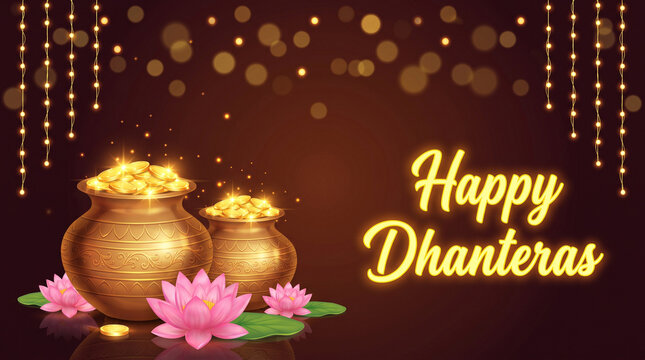 Festive Happy Dhanteras background featuring golden pots filled with coins, pink lotus flowers, and hanging glowing fairy lights for a prosperous Indian festival celebration design.